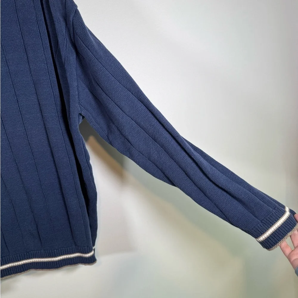 Vintage 90s Lee Sport Men’s XL Blue Ribbed V-Neck Sweater Striped Trim Preppy